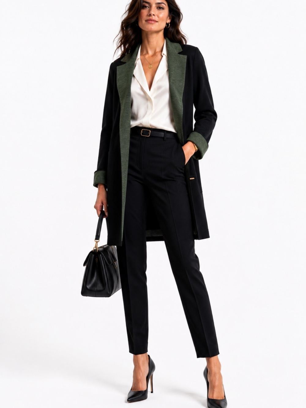 NWT Tahari sweater long jacket Women's Black and Green Coat